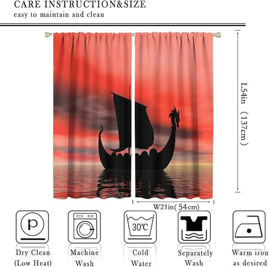 Viking Ship Curtains, Fantasy Ocean Vintage Sailboat at Sundown Nautical Themed Print Blackout Window Treatments for Boys Bedroom Living Room 42x54 Inch