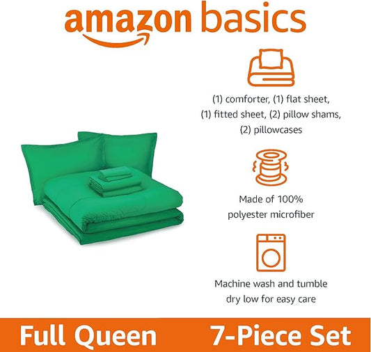 Amazon Basics 7 Piece Soft, All-Season Microfiber Kid's Bed-in-a-Bag Bedding Set, Full/Queen, Solid, Green