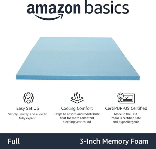 Amazon Basics Full Mattress Topper, Cooling Gel-Infused, CertiPUR-US Certified, 3 Inches, Blue