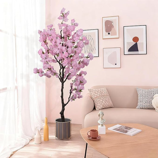 Artificial Pink Cherry Blossom Tree 7ft(83in) Tall Fake Silk Leaves Indoor Decor Handmade Lifelike Sakura Tree for Wedding Realistic Cherry Plant in Pot for Home Living Room,Office,Outdoor Decor
