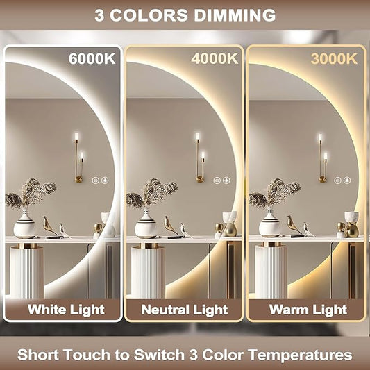 Half Moon Mirrors for Wall, 44"x22" Led Bathroom Mirror with Lights - 3-Color Backlit & Stepless Dimming-Anti-Fog-Modern Vanity Mirror-Shatterproof Glass-Memory