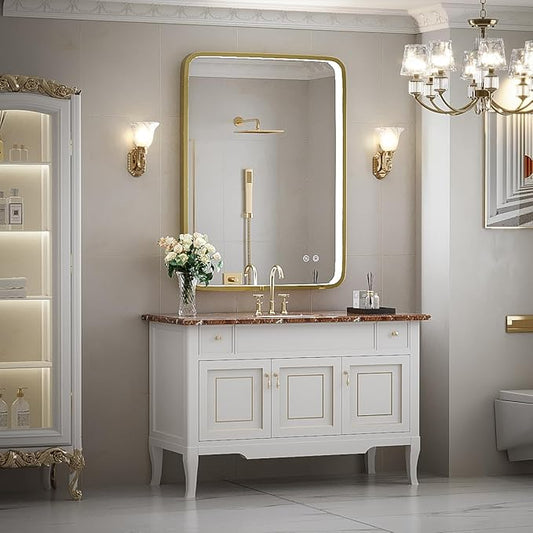 24X32 Inch LED Bathroom Mirror with Lights,Gold Framed Wall Mounted Lighted Vanity Mirrors,Anti Fog Design&Dimmable&Touch Switch,Light up Mirror (Horizontal/Vertical)