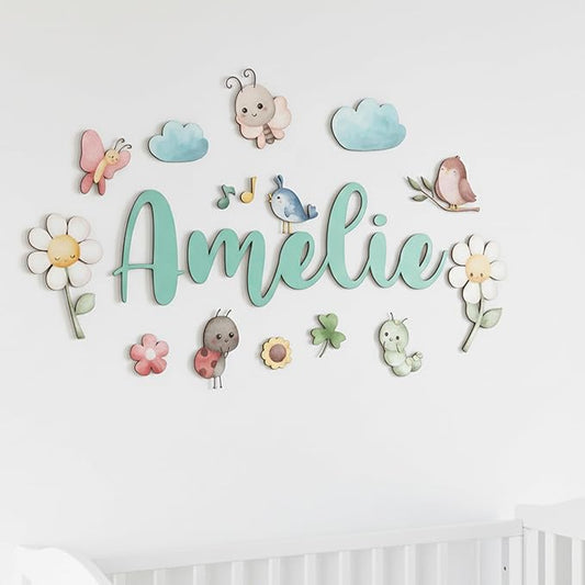 Custom Nursery Name Sign with Themed Decor Kit | Personalized Wooden Wall Art for Baby, Kids Room | Space, Jungle, Circus, Under the Sea, Woodland, Rainbow (20", Fairy Garden)