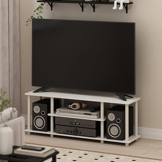 Furinno Turn-N-Tube TV Stand, 3-Tier Entertainment Center with Open Shelves, TV Console for TV up to 50 Inch, for Living Room, Bedroom, White