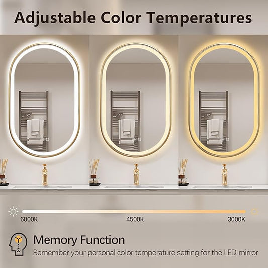 Niccy Oval LED Mirror for Bathroom, 32x20 Front Lit + Backlit Vanity Mirrors with Light Anti-Fog, Shatter-Proof, Makeup Mirror with Gold Frame (Horizontal/Vertical)