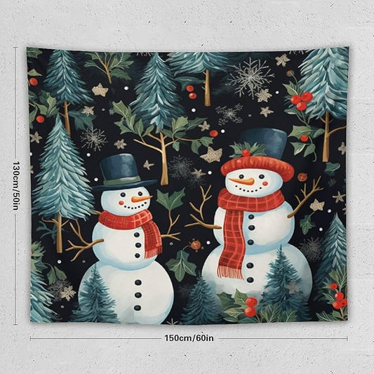 Wall Tapestry Snowman Couple Tapestry Vintage Christmas Cute Snowman Tapestry Vintage Aesthetic Tapestries Wall Art for Bedroom Living Room Decor Home Decor 50"x60" Christmas Family Party