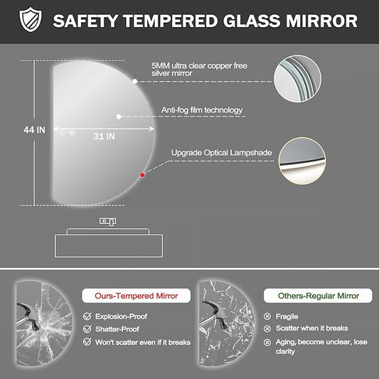 LED Bathroom Mirror with Lights, 44×31Inch Anti-Fog Backlit Vanity Mirror-Half Circle Mirrors with 3-Color, Dimmable Brightness, Shatter-Proof Decor Vanity Mirror