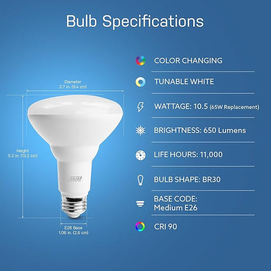 Feit Electric BR30 Smart LED Light Bulbs, 65W Equivalent, Dimmable, Color Changing, Tunable White, 650 Lumens, 2.4GHz Wi-Fi, Alexa/Google Home Enabled Track Lighting, BR30/RGBW/CA/AG/RP/6, 6 Pack