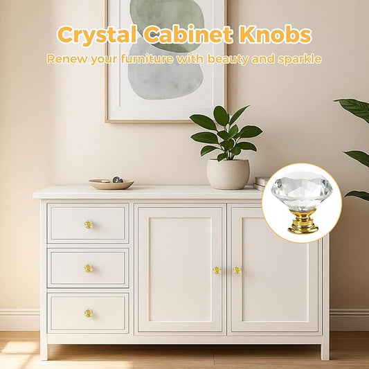 DEELF 24 Packs Kitchen Cabinet Knobs, 40 mm Crystal Cabinet Knobs, Diamond Dresser Handle Drawer Pulls, Dresser Knobs for Cabinets and Drawers, Gold Base