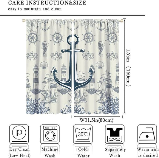 Nautical Anchor Curtains, Vintage Sailboat Ocean Coastal Lighthouse Window Drapes, Navy Blue Coral Shell Seahorse Beach Print Blackout Window Treatments for Living Room Bedroom 63x63in