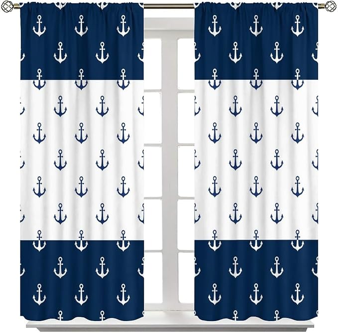 Anchor Pattern Curtains, Nautical Theme Navy Blue White Anchor Sea Life Adventure Print Blackout Window Treatments for Living Room Boys Men's Bedroom 55x63in