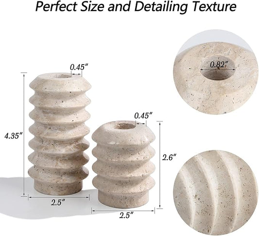 HofferRuffer Travertine Candlestick Holders, Set of 2 Natural Stone Candle Holder Decorative Candle Stands for Wedding, Dinning, Party, Table Centerpieces, Fits 3/4'' Thick Candles (Cream White)