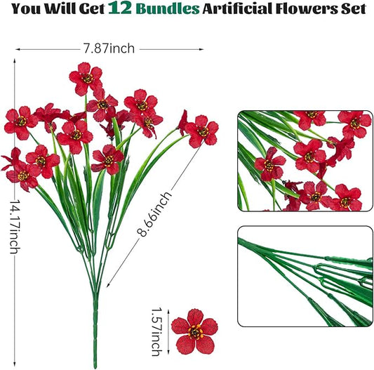 Lnoicy 12 Pcs Artificial Flowers for Outdoor,Plastic Flowers Decoration, UV Resistant Faux Flowers Shrubs, Artificial Plants for Indoor Outside Garden Home Wedding Farmhouse(Red)