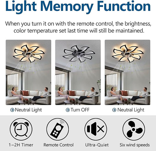 Modern Ceiling Fan with Lights Remote Control, 32" Black 6 Speeds 3 Light Color Low Profile Flush Mount Ceiling Fan for Kitchen Bedroom