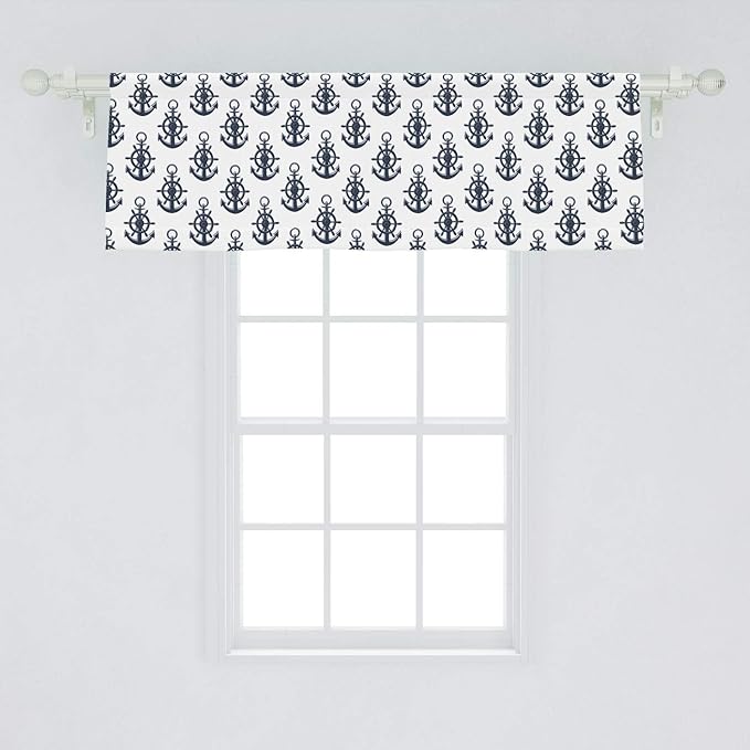 Lunarable Vintage Nautical Tattoo Window Valance, Sea Anchor Maritime Monochrome Simplistic Pattern, Curtain Valance for Kitchen Bedroom Decor with Rod Pocket, 54" X 18", Blue White