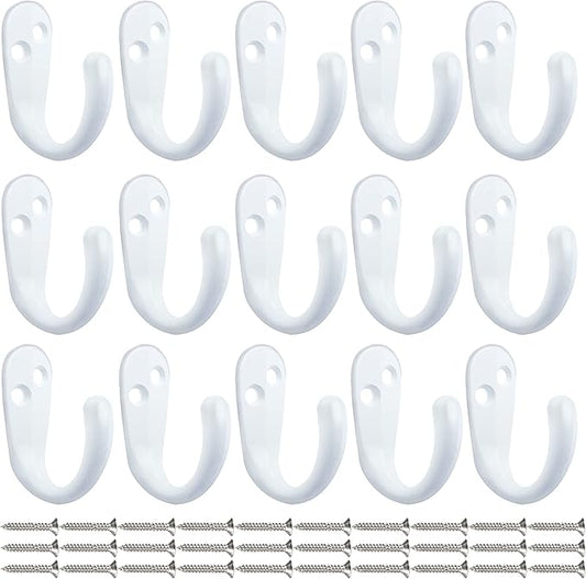 IBosins 15PCS Coat Hooks Wall Mounted Single Prong Robe Hook for Hanging Towel Hooks with 30 Screws for Bags, Hat, Cap, Scarf, Cup (White)