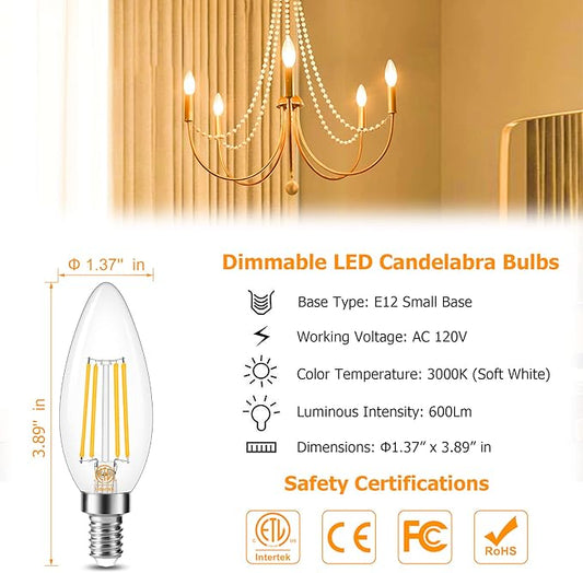 Cotanic Dimmable Candelabra LED Bulb 3000K Soft White,E12 Base Ceiling Fan Light Bulb 60W Equivalent, B11 LED Candle Shape with Clear Glass,C35 Filament Chandelier Light Bulb,600LM,8 Pack