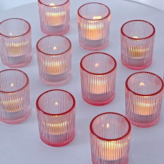 VOHO Pink Candle Holder Set of 12, Ribbed Votive Candle Holders for Pink Room Decor, Tealight Candle Holder Romantic Gifts for Valentine Christmas Decorations(2.1'' x 2.6'')