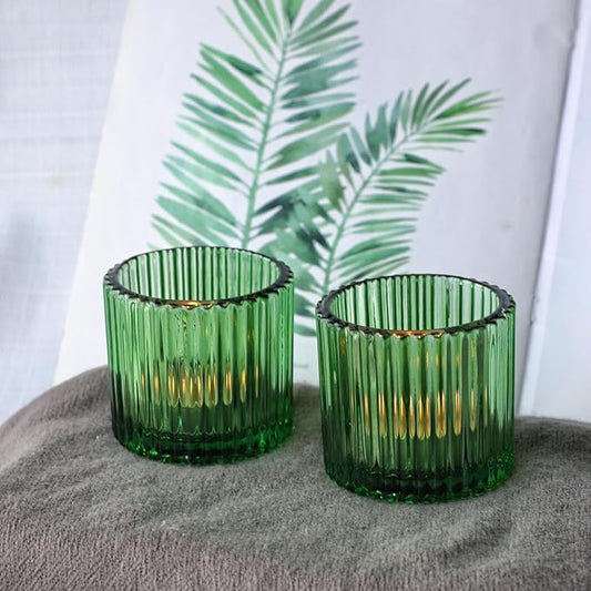 VOHO Large Votive Candle Holders 2.75'' x 2.56'' Set of 6, Ribbed Candle Holder for Votive/Tea Lights Candles, Green Votive Holder for Halloween/Christmas Holiday