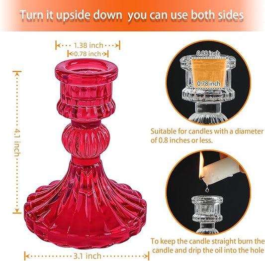 Glass Candlestick Holder,Striped Taper Candle Holders,Set of 6 Candle Stand for Table Centerpieces, Home Decor,Weddings,Festival and Parties (Red Stripe Pattern)