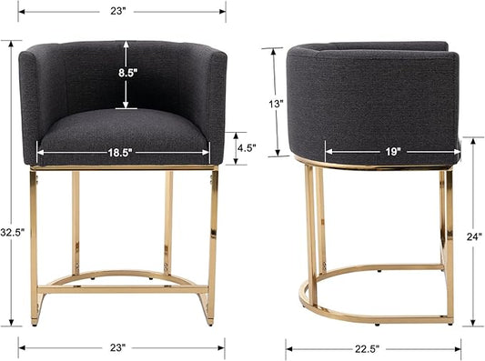 Modern Counter Height Linen Upholstered Bar Stools Set of 3, 24" Kitchen Counter Island Stools Bar Chairs with Gold Metal Frame for Kitchen Island, Charcoal