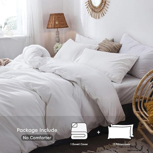 MooMee Bedding Duvet Cover Set 100% Washed Cotton Linen Like Textured Breathable Durable Soft Comfy (Solid Off White, Oversized King Plus 128"x120")