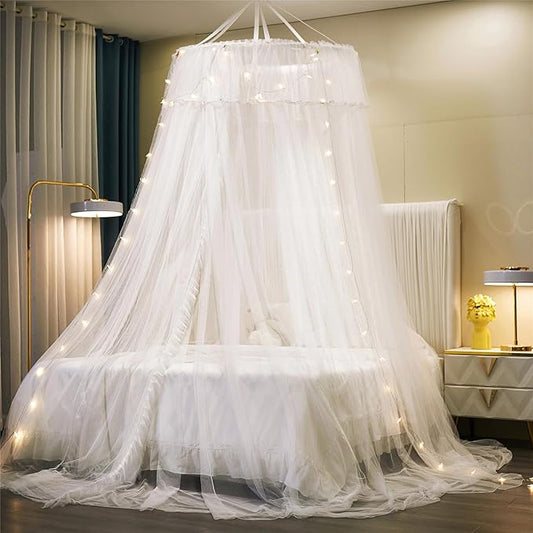 VETHIN Princess Bed Canopy for Girls Double Layer Sheer Mesh Dome Elegant Lace Mosquito Net Bed Curtain for Full Queen King Bed with led Stars String Lights(White/White)