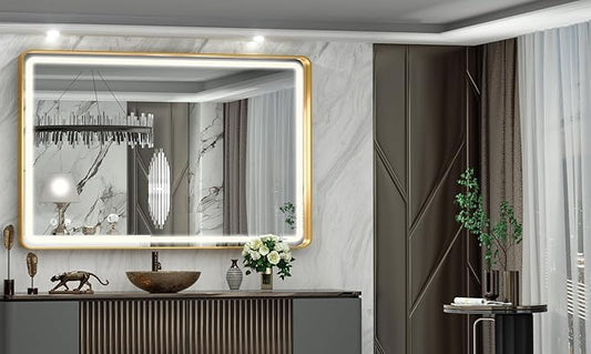 Hasipu 40×30 Inch LED Bathroom Mirror with Lights, Gold Metal Framed Bathroom Lighted Mirror for Vanity Shaving, Rectangle Wall Mounted Mirror, Anti-Fog, Dimmable, 3 Colors (Horizontal/Vertical)