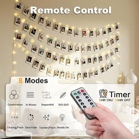 SUDDUS 16ft 50LED Fairy Lights with 22 Clips, Battery/USB Operated Photo Twinkle Lights with Remote Control & Timer, Waterproof Indoor Outdoor String Lights for Wedding Bedroom Dorm Decor (Warm White)