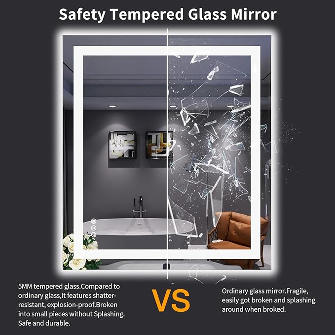 LOAAO 32"X36" LED Bathroom Mirror with Lights, Anti-Fog, Dimmable, Backlit + Front Lit, Lighted Bathroom Vanity Mirror for Wall, Memory Function, Tempered Glass, ETL Listed