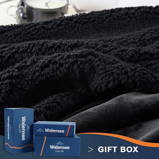 Walensee Sherpa Fleece Blanket (Queen Size 90”x90” Black) Plush Throw Fuzzy Super Soft Reversible Microfiber Flannel Blankets for Couch, Bed, Sofa Ultra Luxurious Warm and Cozy for All Seasons