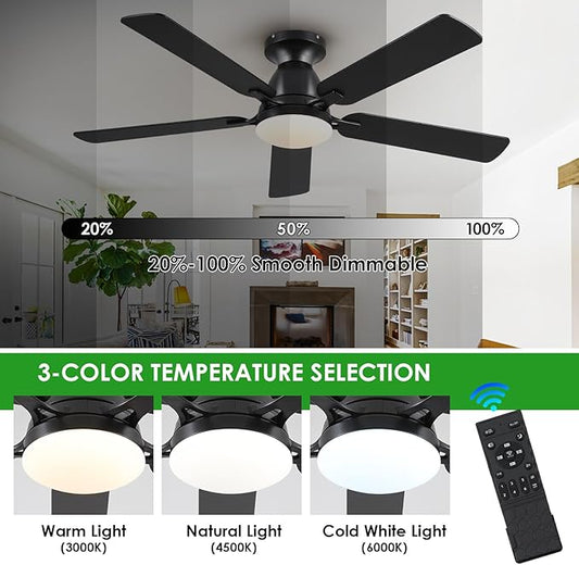 Ceiling Fans with Lights- 52" Low Profile Indoor Ceiling Fan with Light and Remote/APP Control, Flush Mount, LED Dimmable DC Reversible Modern Ceiling Fan for Bedroom(Black)