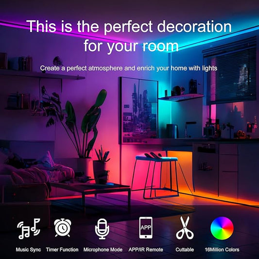Led Lights for Bedroom 200 FT (2 Rolls 100 FT), with Remote and Application Control RGB Color Changing LED Strip Lights, Music Synchronization, Used for Room, Family, Party Decoration