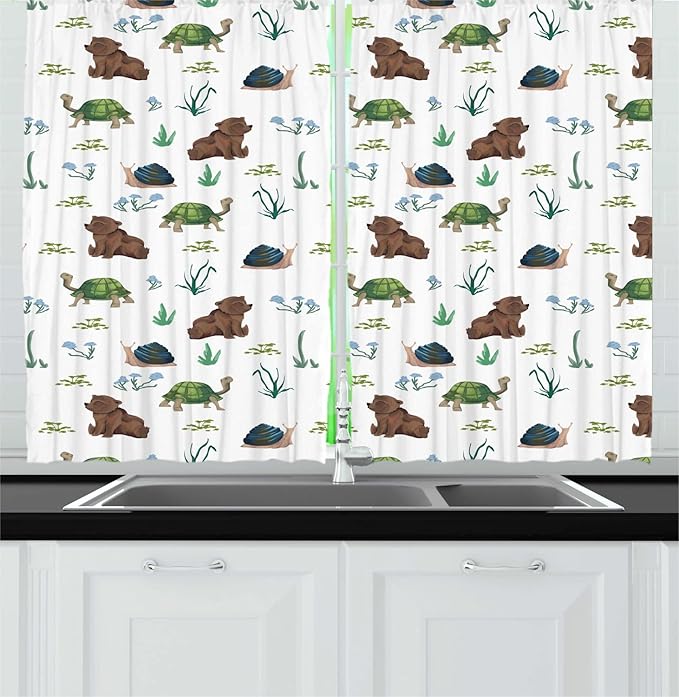 Lunarable Animals Kitchen Curtains, Continuous Cartoon Pattern of Forest Life Creatures Funny Bear and Turtle, Window Drapes 2 Panel Set for Kitchen Cafe Decor, 55" x 45", Umber and Slate Blue