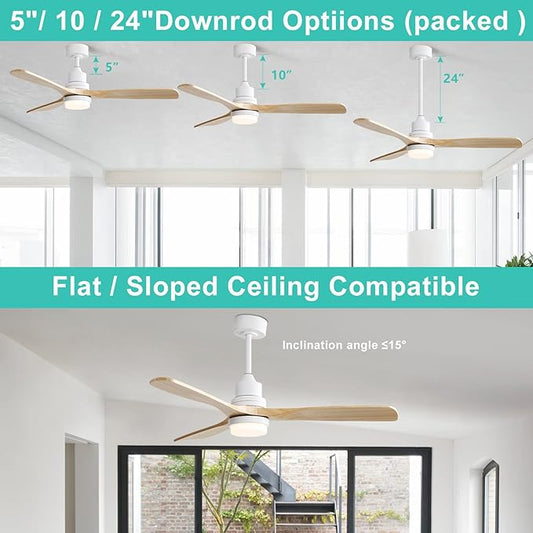 Sofucor Ceiling Fan with Lights, 52 Inch Modern Wood White Ceiling Fan with Remote for Indoor Farmhouse Bedroom Living Room Outdoor Patio Porch, Reversible DC Motor, 3 Blades, Noiseless