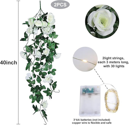 RECUTMS Artificial Plants Hanging 2Pieces 3.3Ft Rose Plant Flowers Vines Wedding (White)
