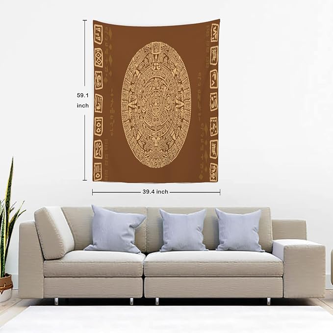 Batmerry Brown Ancient Mayan Tapestry, Calendar Wall Art Hanging Decoration Polyester Fiber White Ruffled Around for Dorm Room Bedroom Living Room, 59.1x39.4 inches