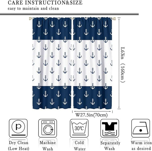 Anchor Pattern Curtains, Nautical Theme Navy Blue White Anchor Sea Life Adventure Print Blackout Window Treatments for Living Room Boys Men's Bedroom 55x63in