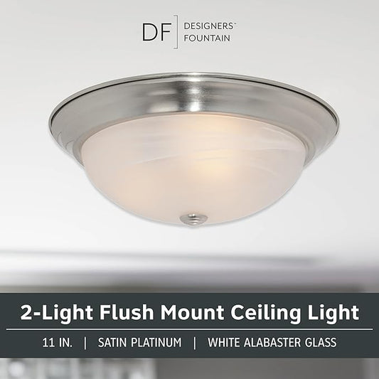 DESIGNERS FOUNTAIN Reedley 2-Lights Flush Mount Ceiling Light, 11 Inch Lighting Fixture for Kitchen, Bedroom, Bathroom, and Hallway, White Alabaster Glass, Satin Platinum, 1257S-SP-AL