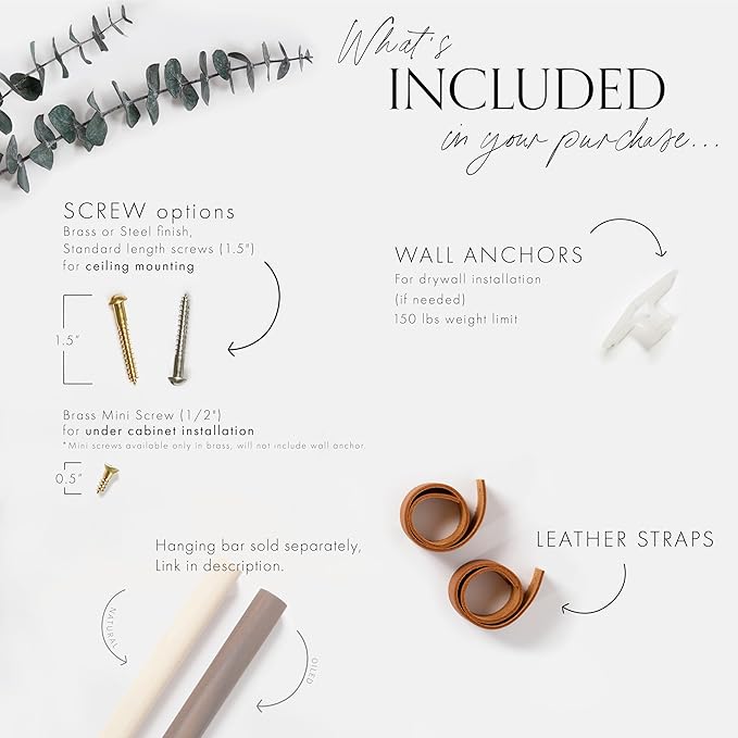 KEYAIIRA - Long Leather Straps for Under Cabinet Clothing Rack Ceiling Mounted Curtain Rod Mount - modern wardrobe hanger drying rack storage window treatment room divider Scandinavian minimal hangers