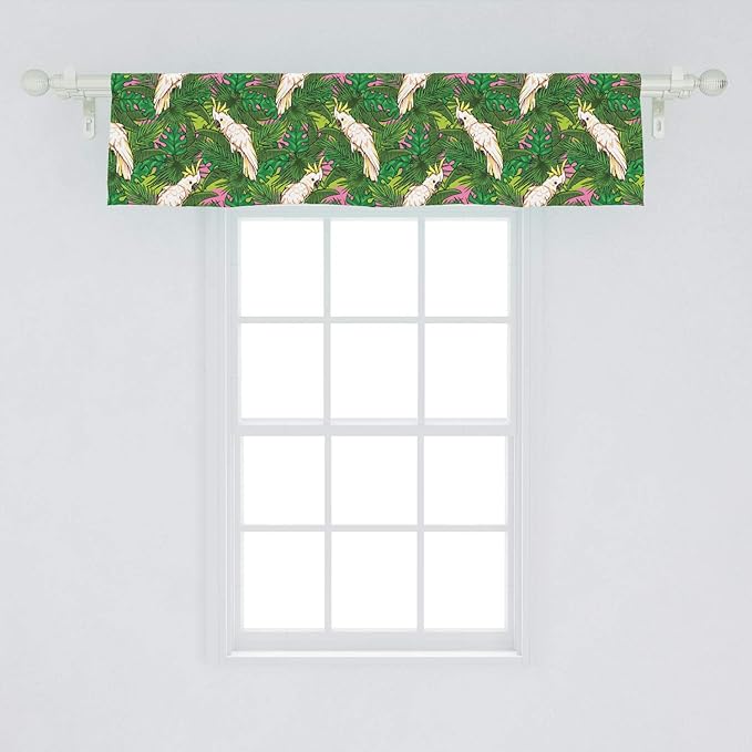 Lunarable Parrots Window Valance, Yellow Crested Cockatoo Bird with Tropical Foliage Exotic Caribbean Design, Curtain Valance for Kitchen Bedroom Decor with Rod Pocket, 54" X 12", Cream Green
