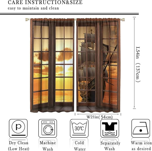 Retro Ship Curtains, Window View Sailing Boat Ship Schooner, Nautical Style Ocean Sunset Landscape Print Blackout Window Drapes for Boys Bedroom Living Room 42x54 Inch