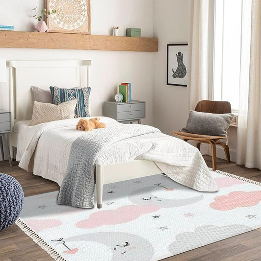 Rug Cute Sky Smiling Sleeping Moon Hearts Stars Clouds Scandinavian Chic Area Rug Washable Hallway Runner Rug Minimalist Home Decor for Living Room Bedroom Nursery Playroom Classroom
