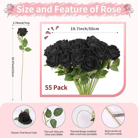 52 PCS Black Artificial Roses Bulk, Fake Artificial Flowers Bridal Bouquet Silk Faux Rose with Stems for Wedding Flowers Decoration, Valentine's Day, Bridal Bouquet, Anniversary, Home Decor (52PCS)