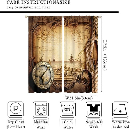 Pirate Map Curtains, Nautical Theme Old Ancient Treasure Map Secret Sea History Pattern Blackout Window Drapes for Kids Boys Bedroom Living Room 63x72in