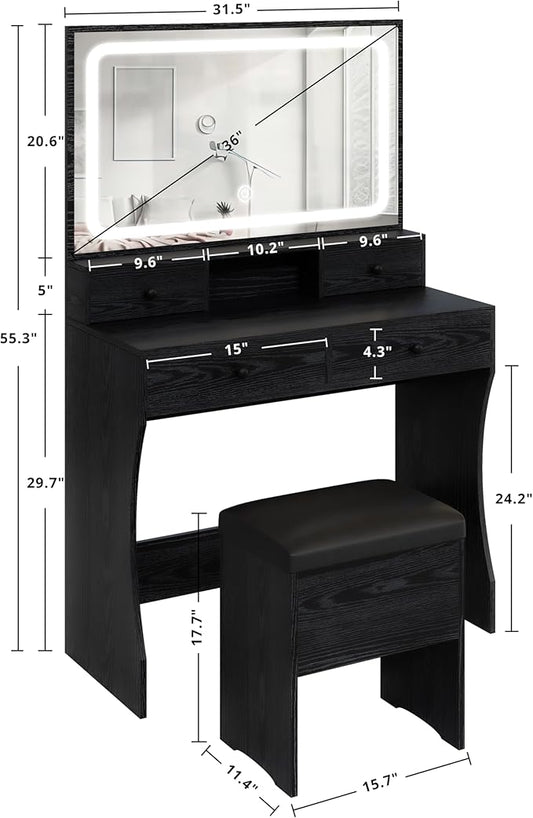 IRONCK Vanity Desk Set with LED Lighted Mirror & Power Outlet, Makeup Vanity Table with 4 Drawers,Storage Bench,for Bedroom, Bathroom, Black