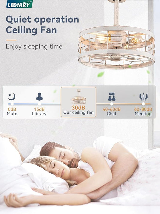 LEDIARY 16.5in Caged Ceiling Fan with Light, Fandelier Industrial Ceiling Fan with Remote, Rustic Metal Fan Lights Ceiling Fixtures for Kitchen, Farmhouse, Bedroom(6 Speed, Timing)-White and Gold