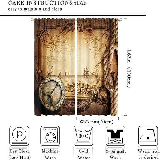 Pirate Map Curtains, Nautical Theme Old Ancient Treasure Map Secret Sea History Pattern Blackout Window Drapes for Kids Boys Bedroom Living Room 55x63in
