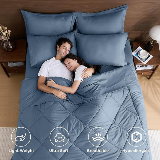 HEVUMYI Dusty Blue Queen Comforter Set - 7-Piece All Season Bed in a Bag Queen, Ultra Soft Bedding Set with Comforter, Flat Sheet, Fitted Sheet, Pillowcases, Pillow Shams
