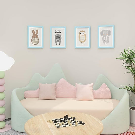 KINLINK A4 Kids Art Frames Set of 2, Solid Wood Kids Artwork Frames Changeable with Acrylic Front Opening Holds 150 Pictures, Art Frame for Kids Artwork with Mat or without Mat, Light Blue